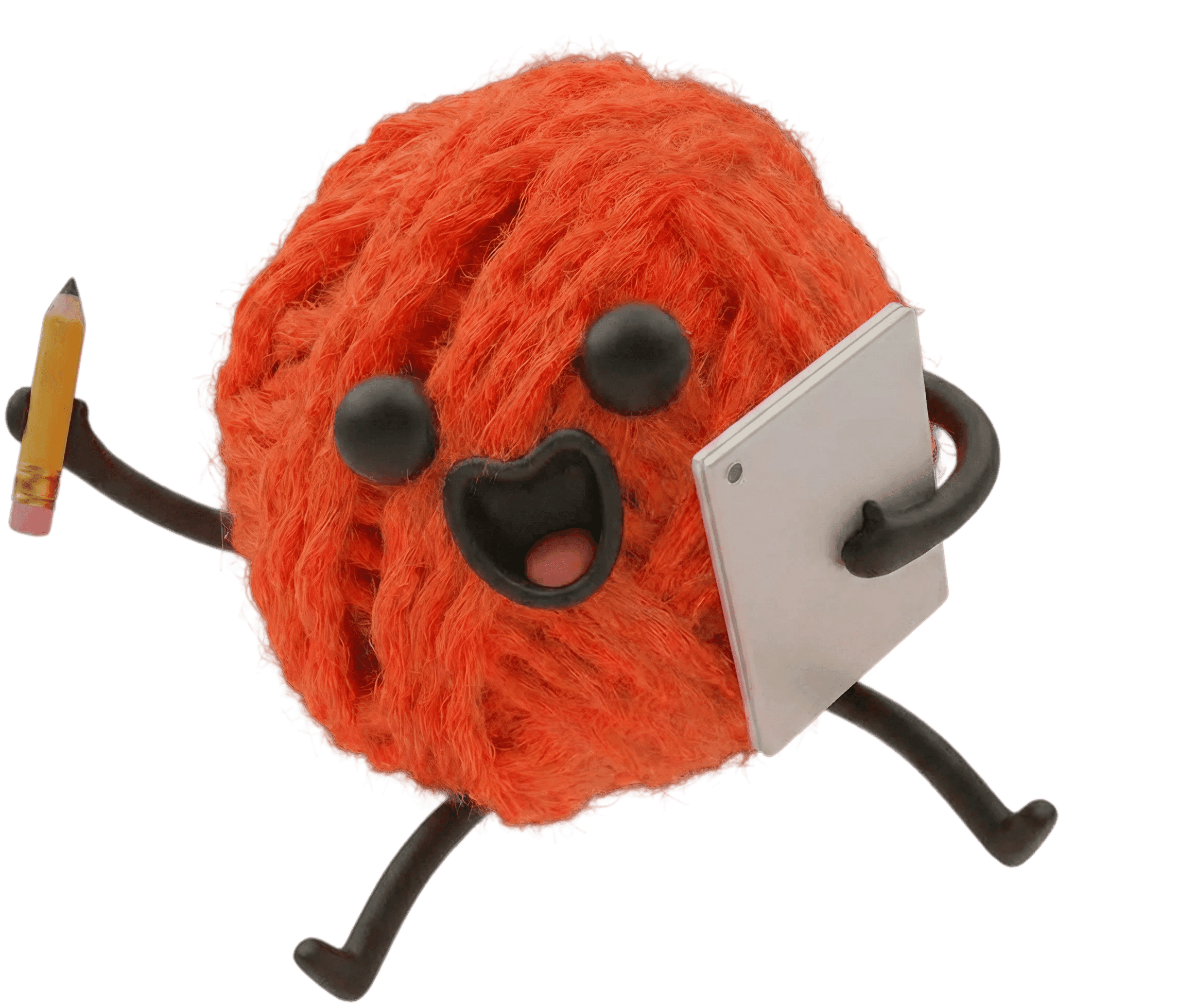 Wooly mascot running while holding a pencil and a document
